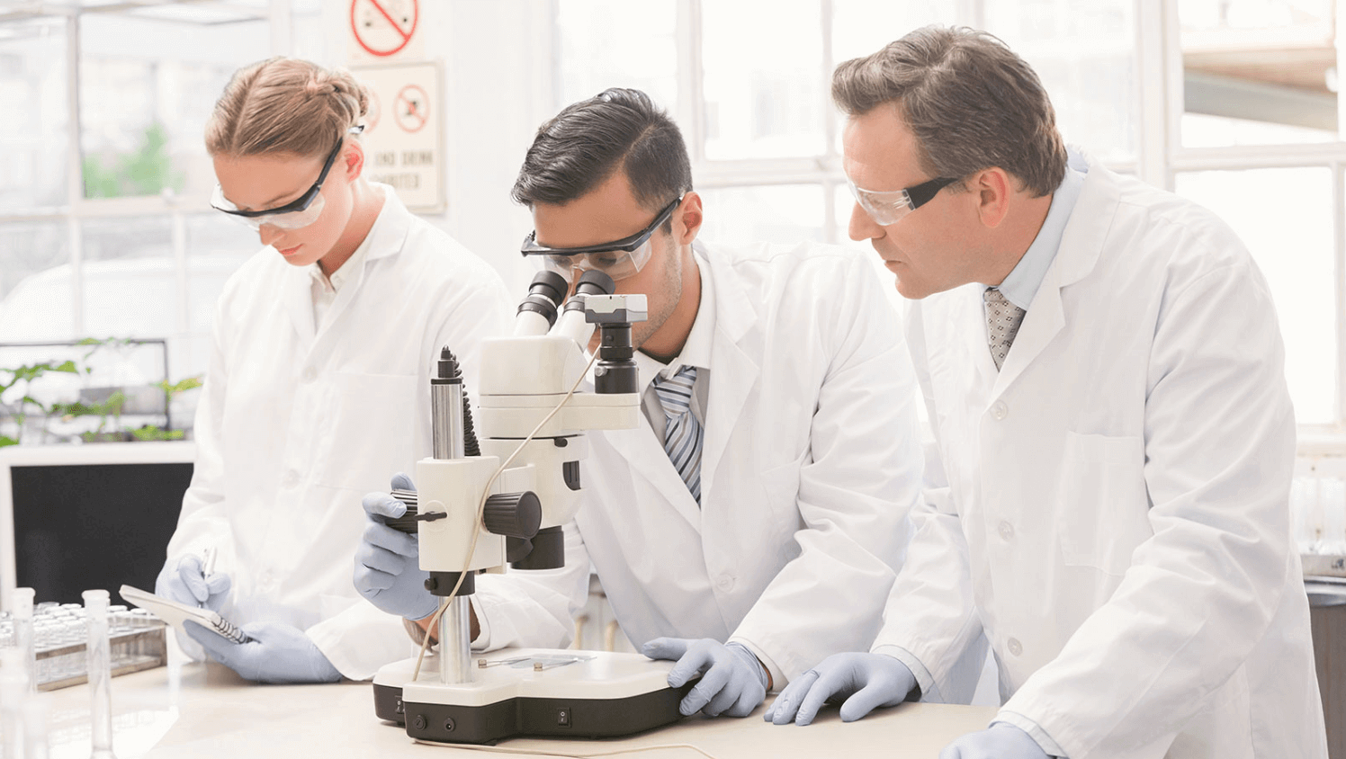 Healthcare proffesionals looking into a microscope
